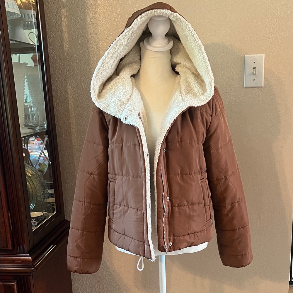 Active USA Brown Hooded Jacket with Cream Lining